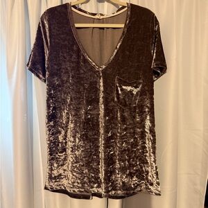 POL Crushed Velvet V-Neck Short Sleeve Top - Brown
